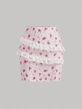 Summer Small Floral Spliced Lace Trim Spaghetti Strap Multi-Layer Ruffled Hem Package Hip Mesh Skirt Set